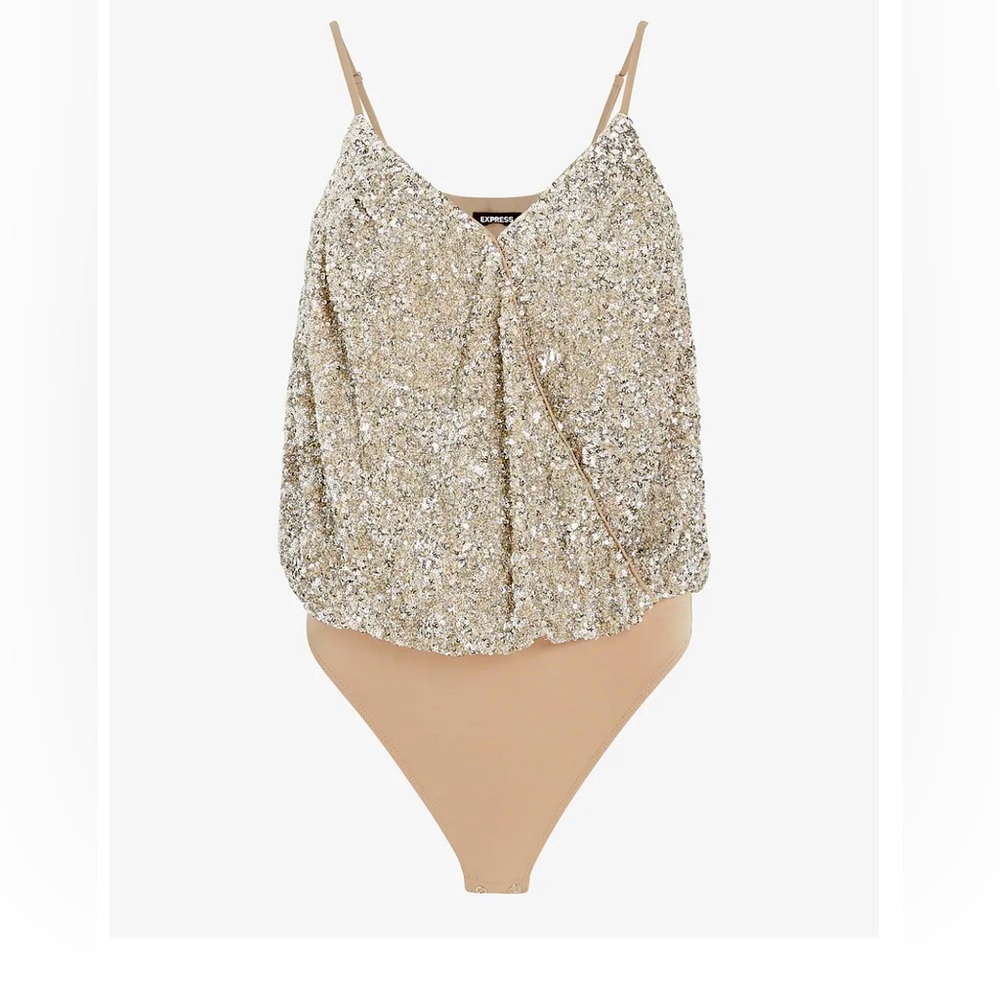 Express Sequin Faux Wrap Cami Thong Champagne Bodysuit - XL